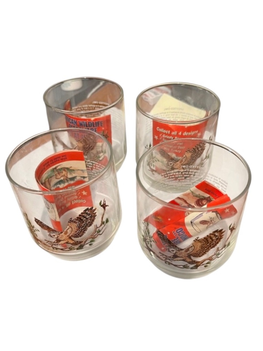 Vintage Sunco American Wildlife Spotted Owl Glasses. Set of 4